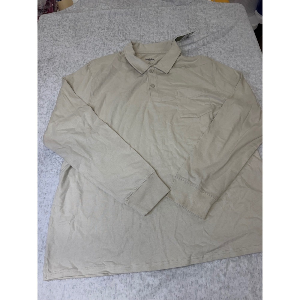 Goodfellow & Co Men XXL Light Beige Long Sleeve Vintage‎ Polo Shirt NWT.
